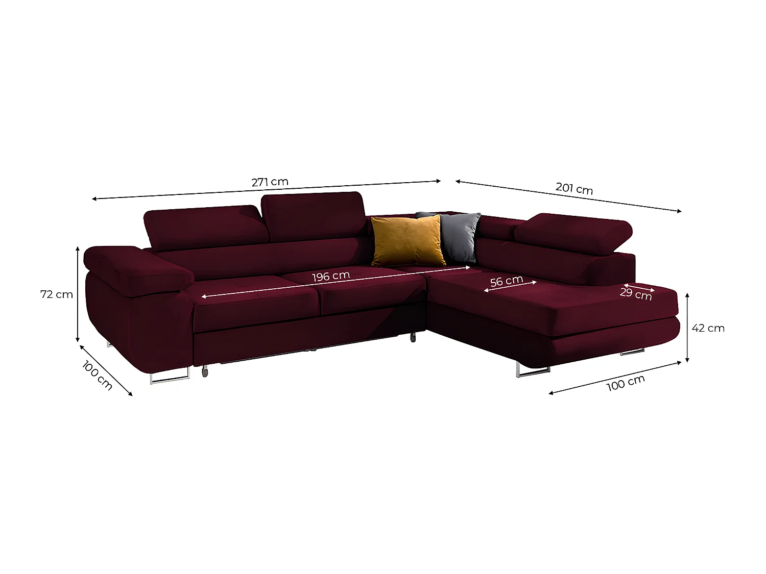 Canapé d'angle convertible droit 4 places Wilson velours Bordeaux
