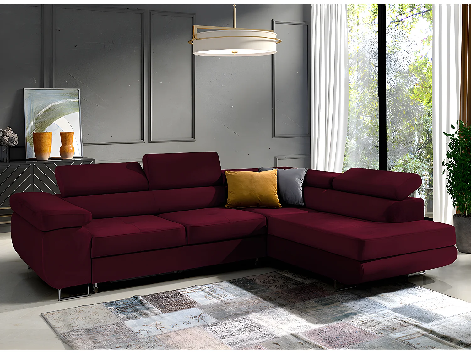 Canapé d'angle convertible droit 4 places Wilson velours Bordeaux