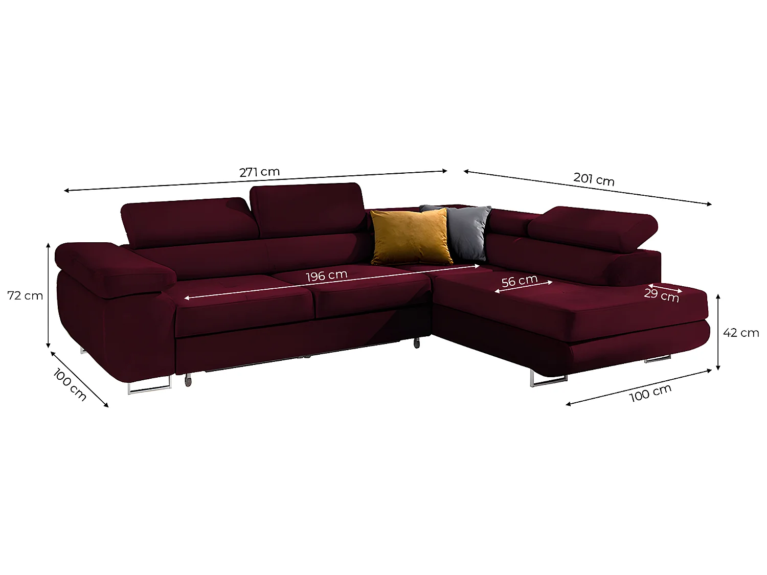 Canapé d'angle convertible droit 4 places Wilson velours Bordeaux