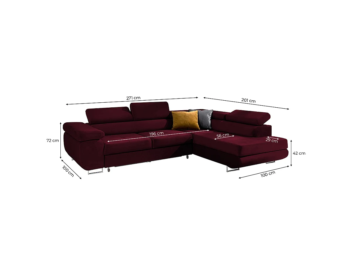 Canapé d'angle convertible 4 places en velours bordeaux WILSON