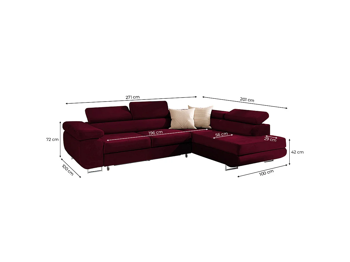 Canapé d'angle droit convertible 4 places en velours bordeaux WILSON