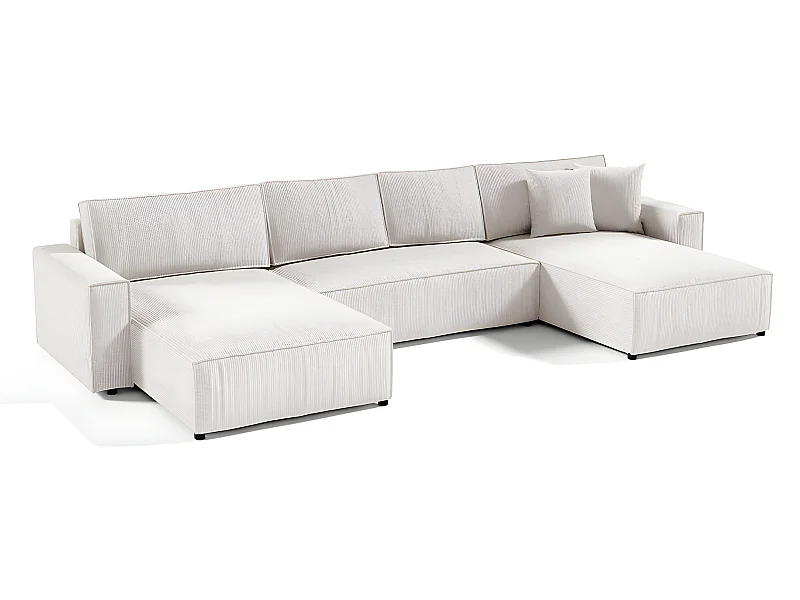 Canapé U 5 places convertible coffre Isaac velours côtelé Blanc Cassé