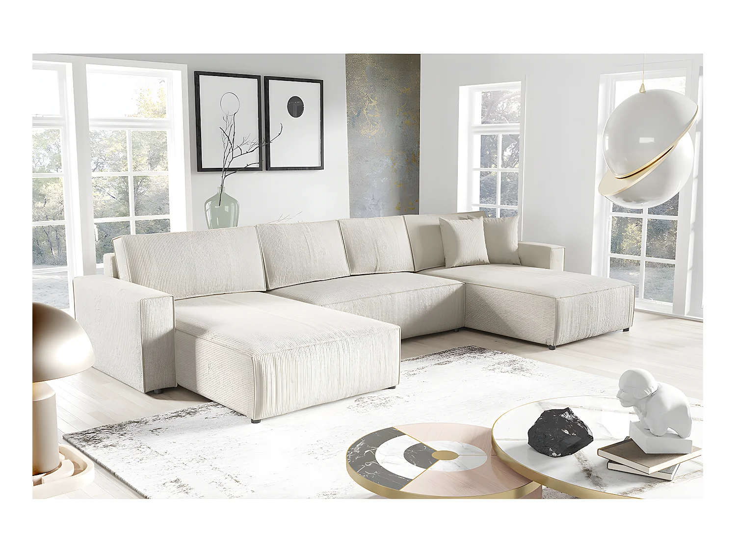 Canapé U 5 places convertible coffre Isaac velours côtelé Blanc Cassé