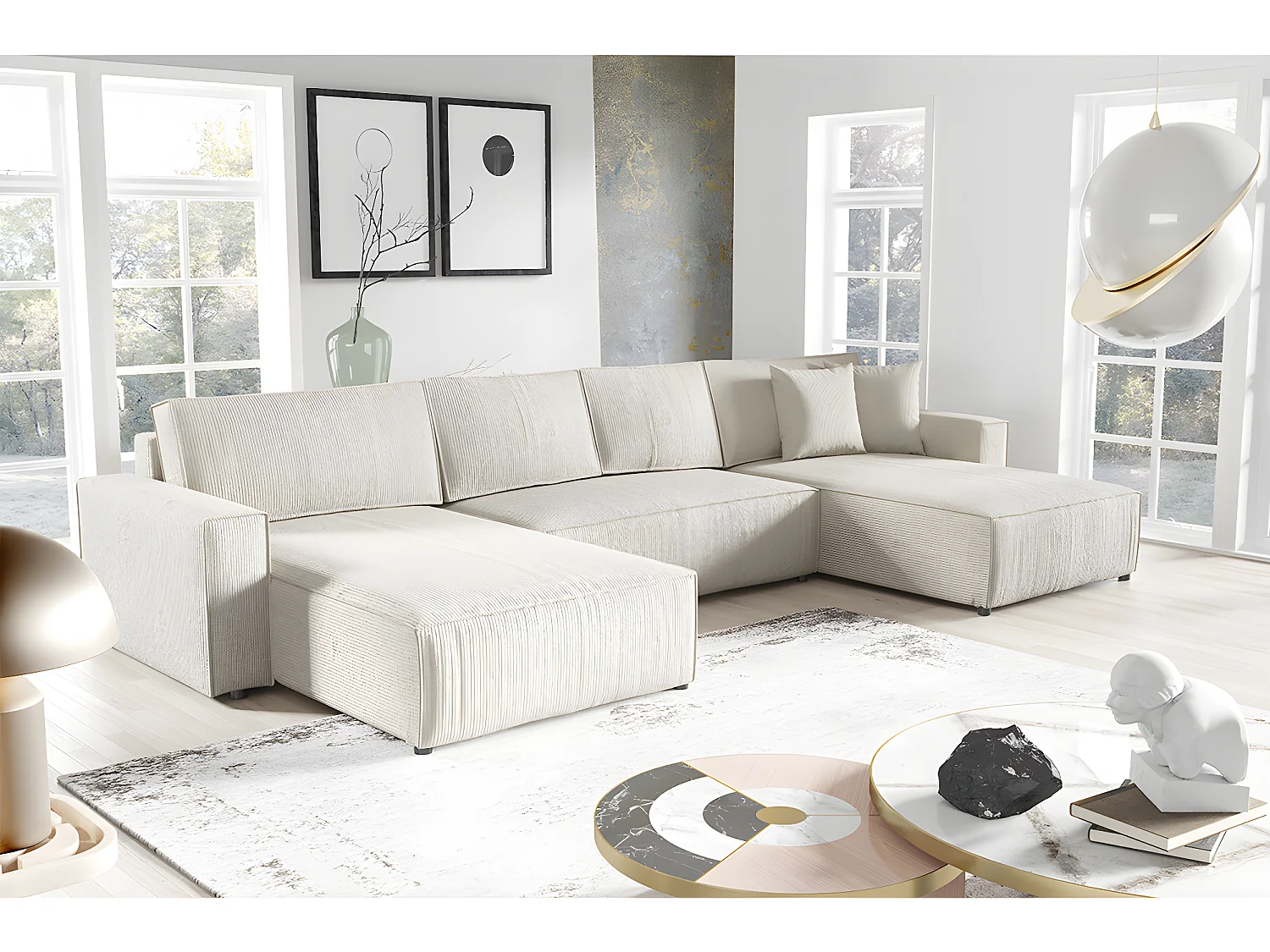 Canapé U 5 places convertible coffre Isaac velours côtelé Blanc Cassé