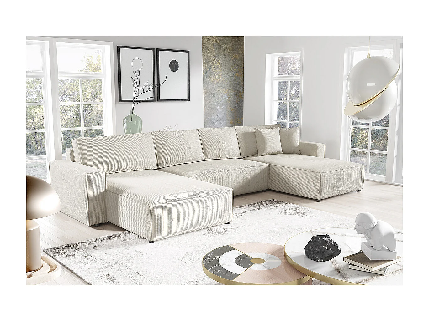 Canapé U 5 places convertible coffre Isaac velours côtelé Blanc Cassé