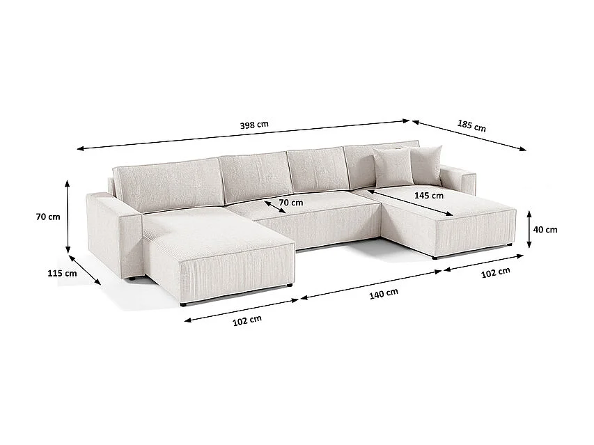 Canapé U 5 places convertible coffre Isaac velours côtelé Blanc Cassé