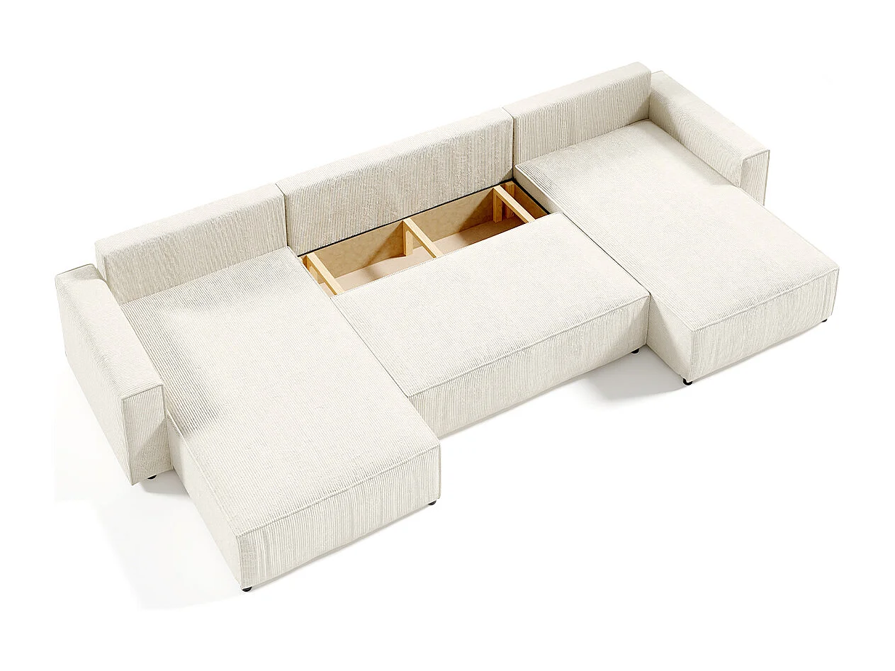 Canapé U 5 places convertible coffre Isaac velours côtelé Blanc Cassé