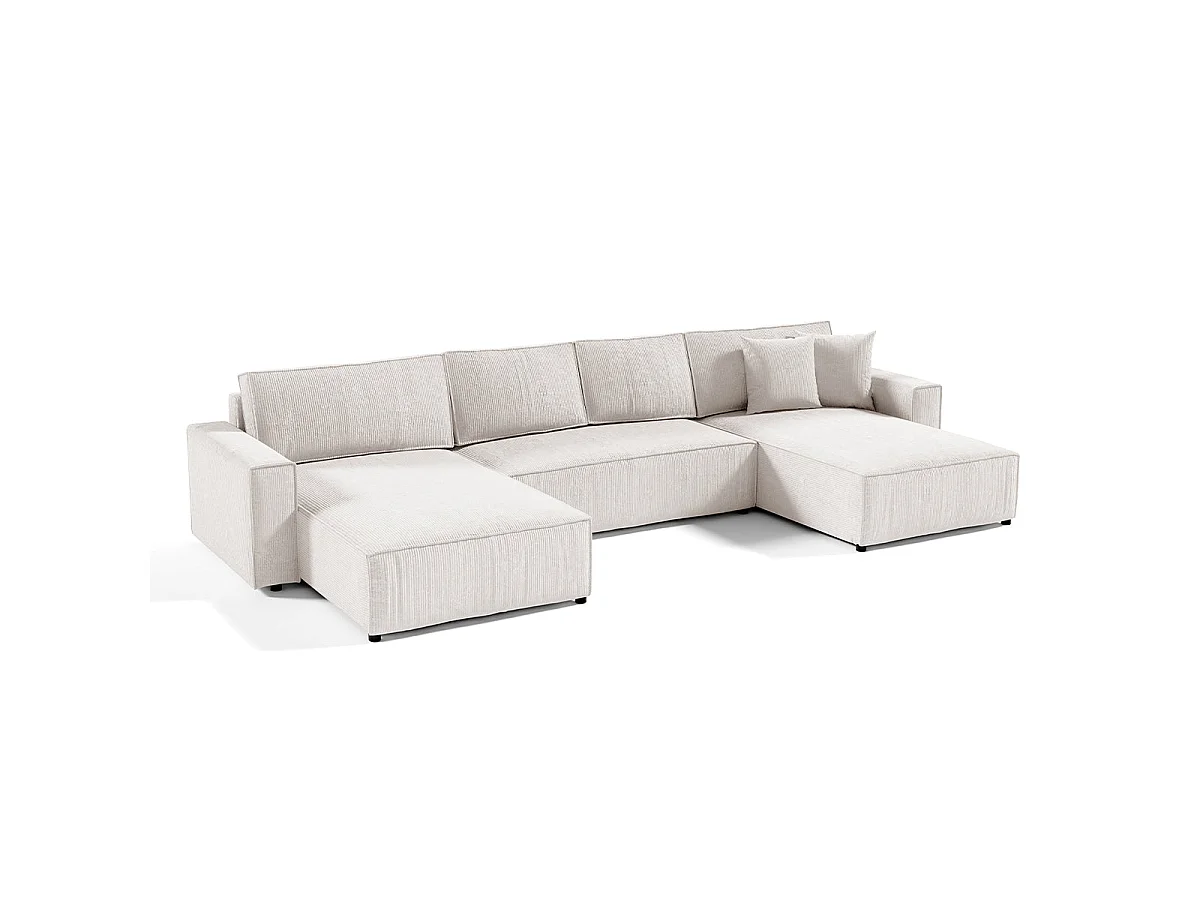 Canapé d'angle convertible 5 places en velours blanc casse ISAAC