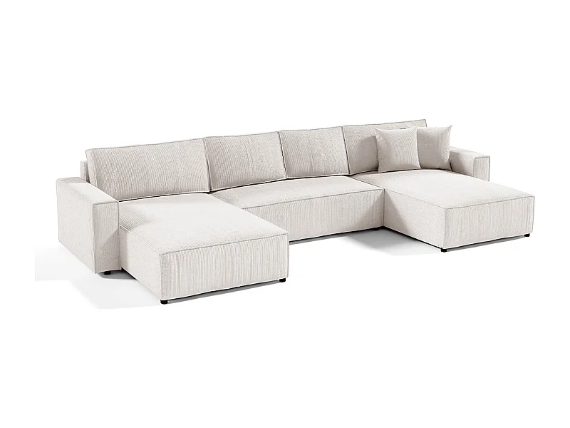 Canapé U 5 places convertible coffre Isaac velours côtelé Blanc Cassé