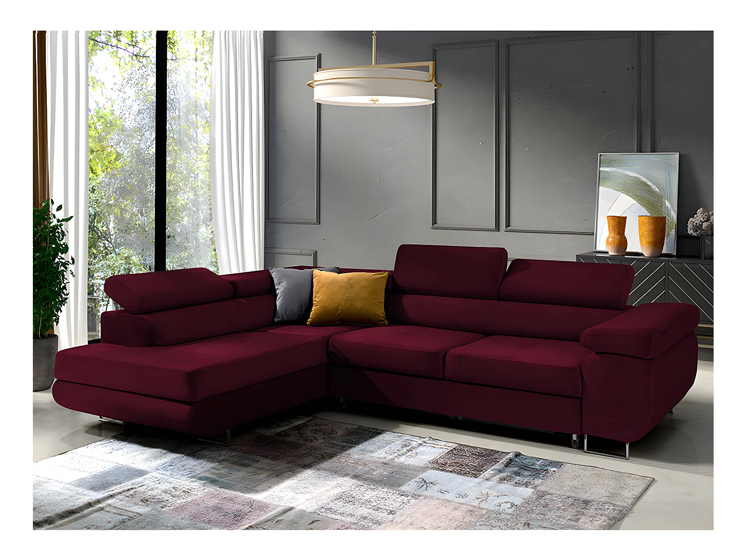 Canapé d'angle convertible gauche 4 places Wilson velours Bordeaux