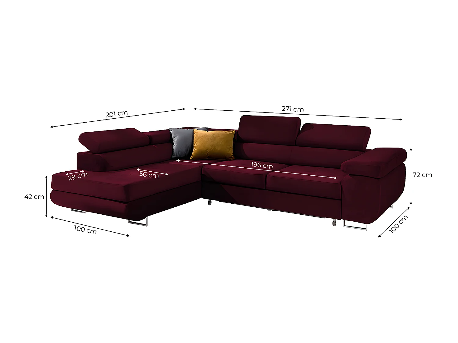 Canapé d'angle convertible gauche 4 places Wilson velours Bordeaux