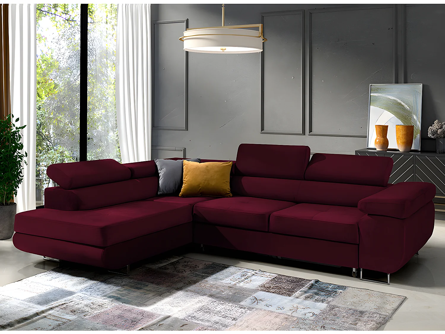 Canapé d'angle convertible gauche 4 places Wilson velours Bordeaux