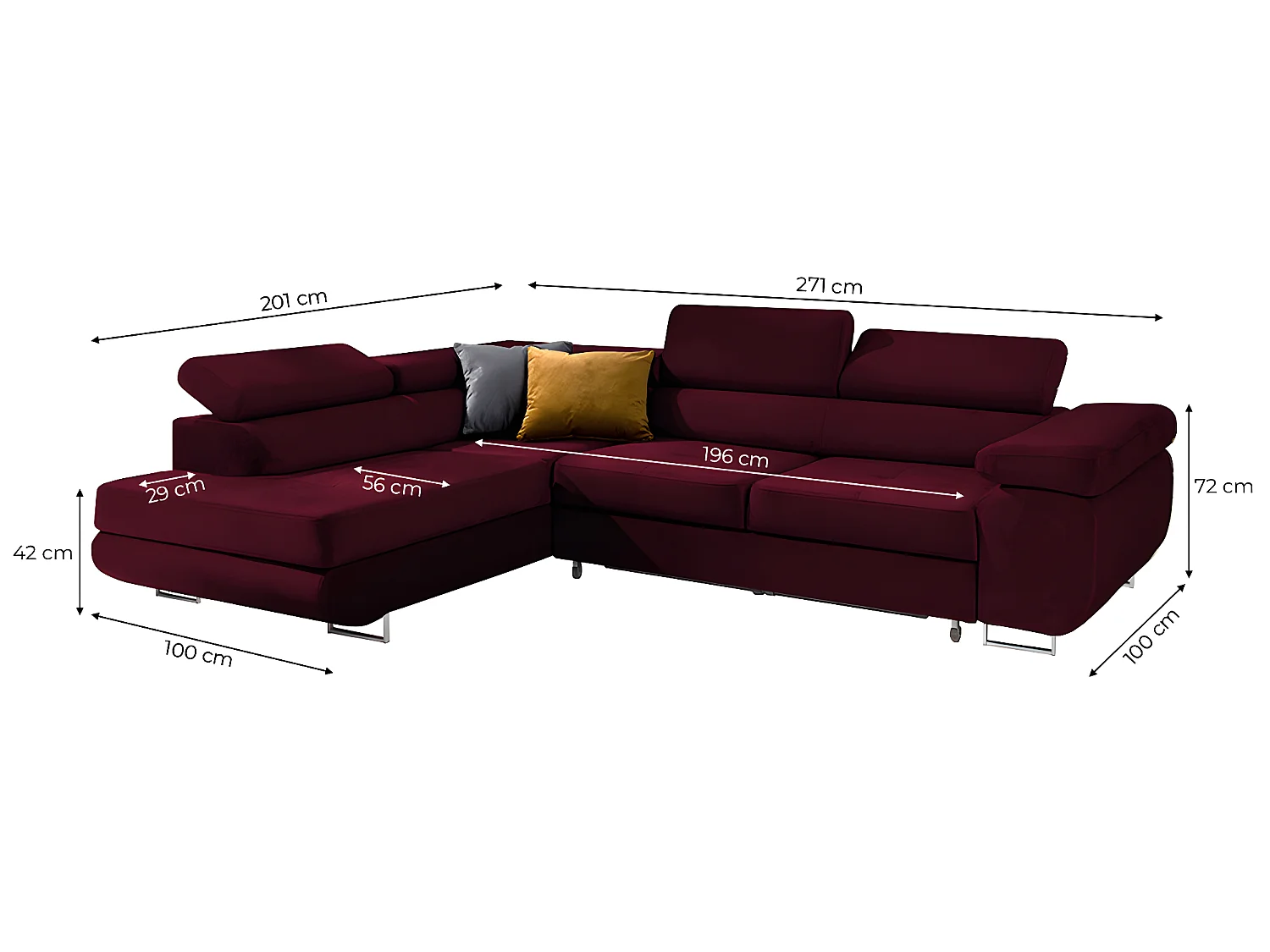 Canapé d'angle convertible gauche 4 places Wilson velours Bordeaux