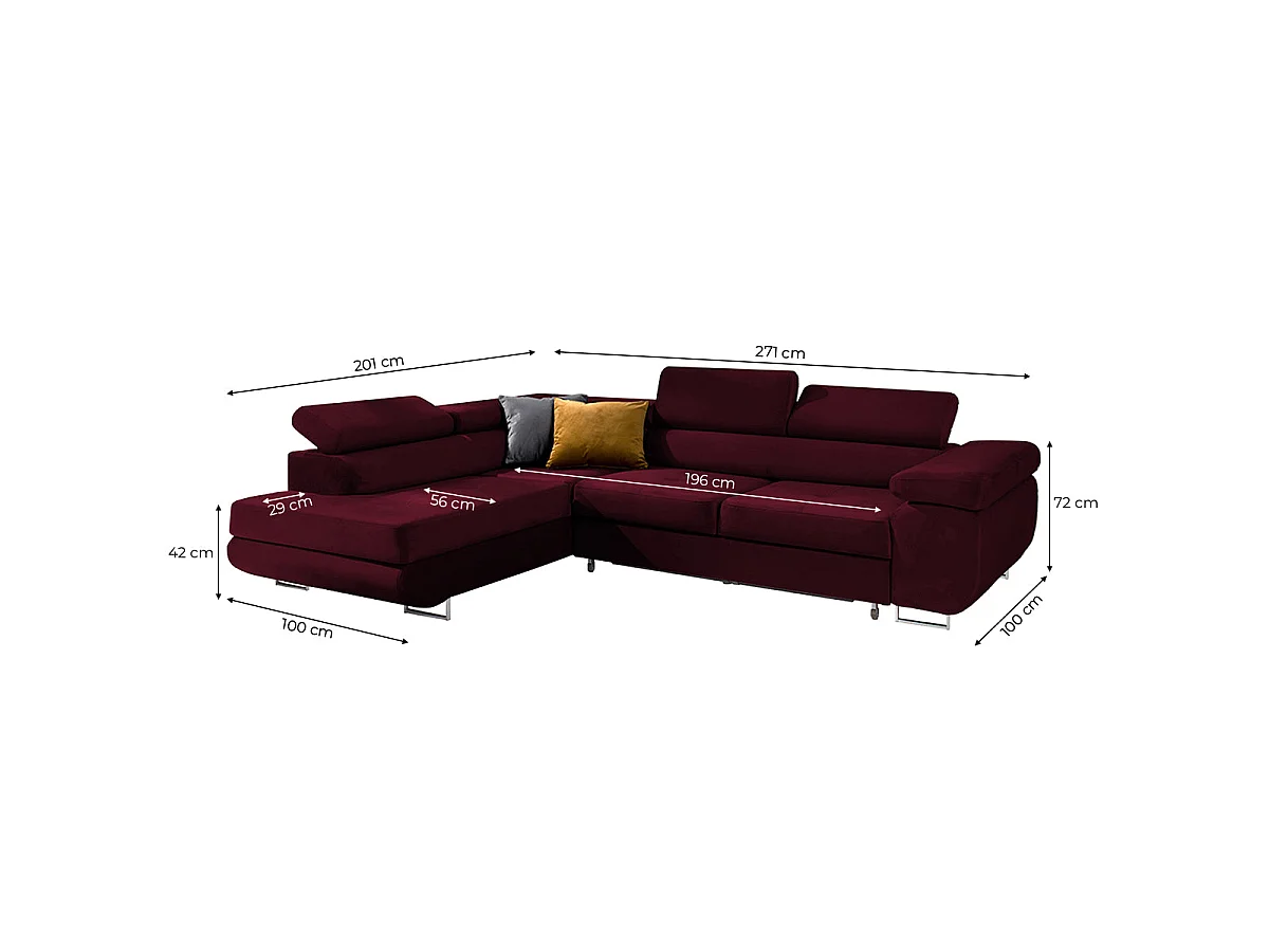 Canapé d'angle convertible 4 places en velours bordeaux WILSON