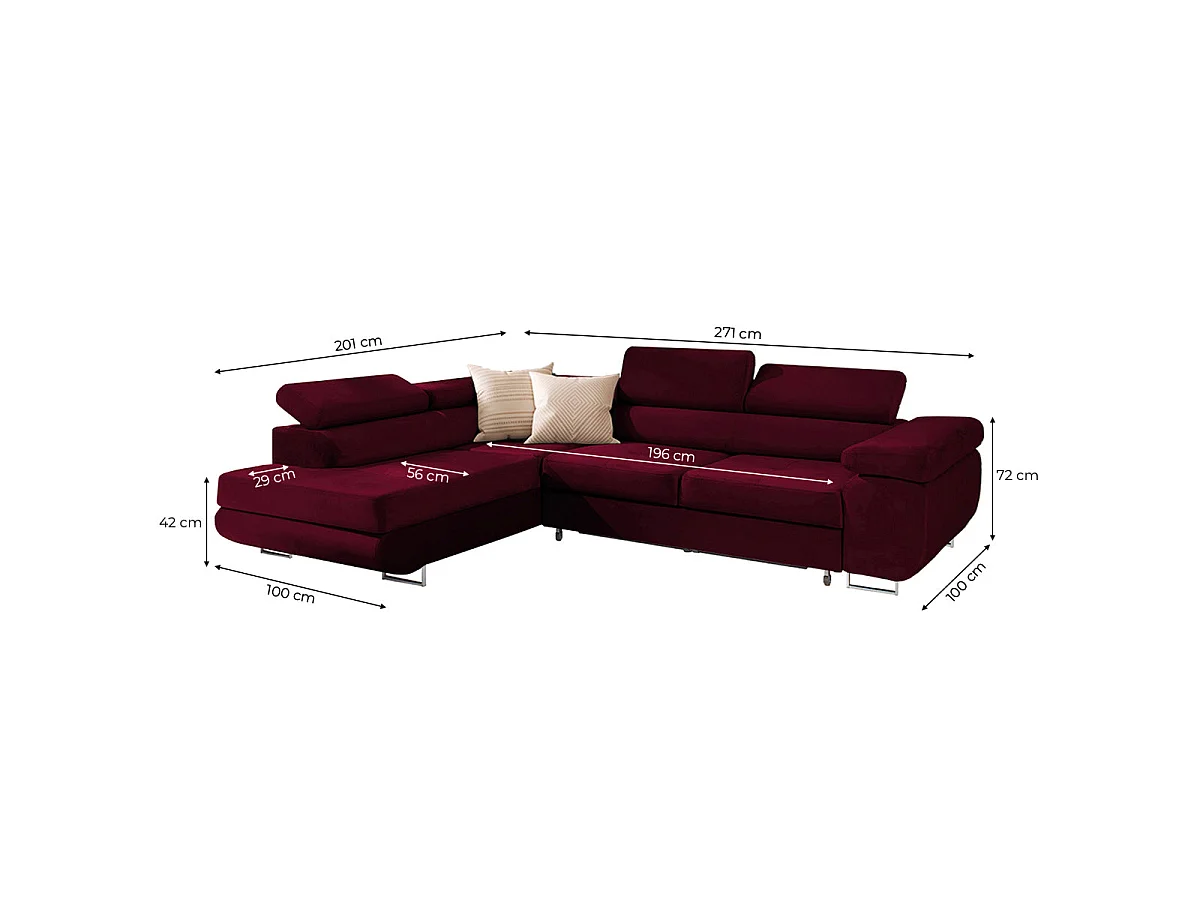 Canapé d'angle gauche convertible 4 places en velours bordeaux WILSON