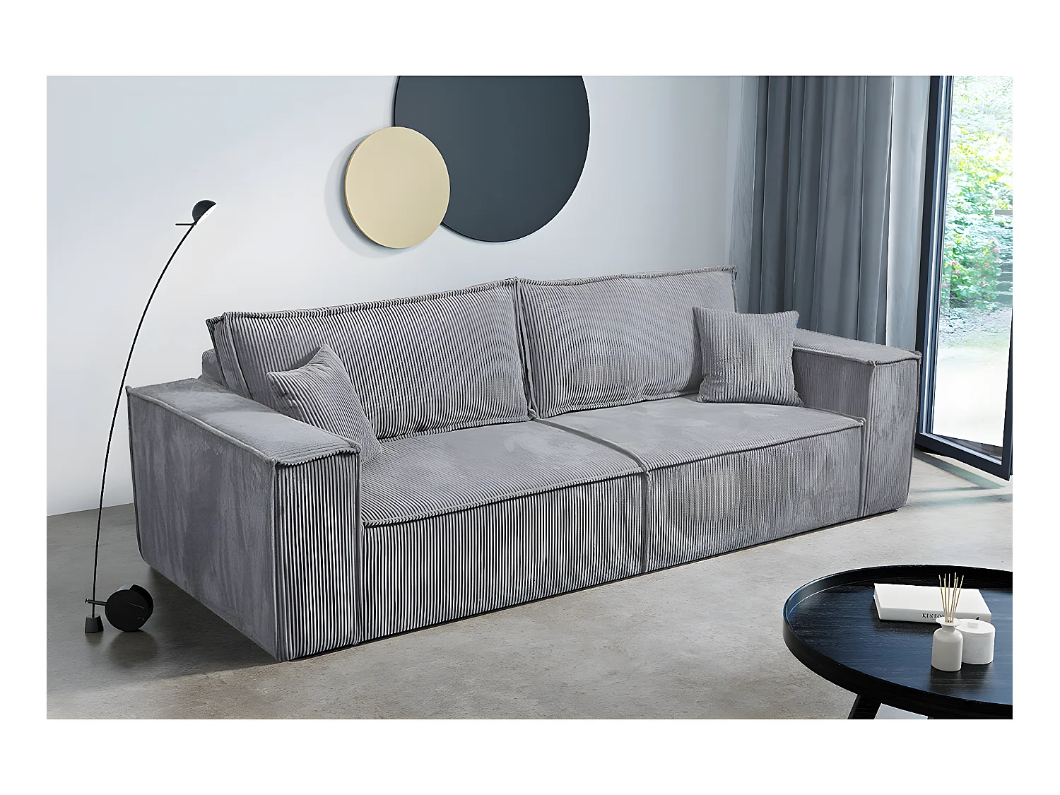 Canapé convertible 4 places avec coffre Isaac velours côtelé Gris clair