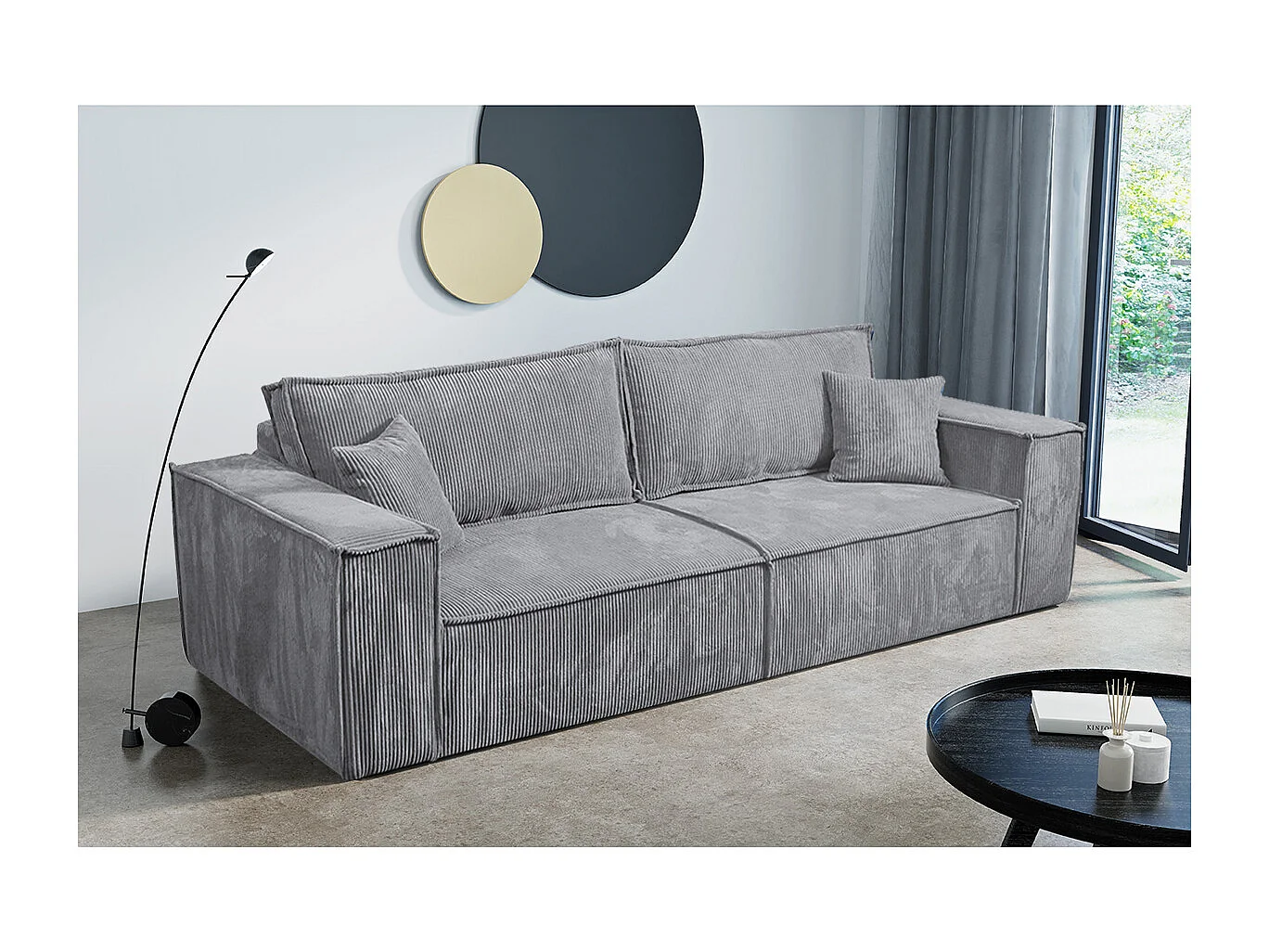 Canapé convertible 4 places avec coffre Isaac velours côtelé Gris clair