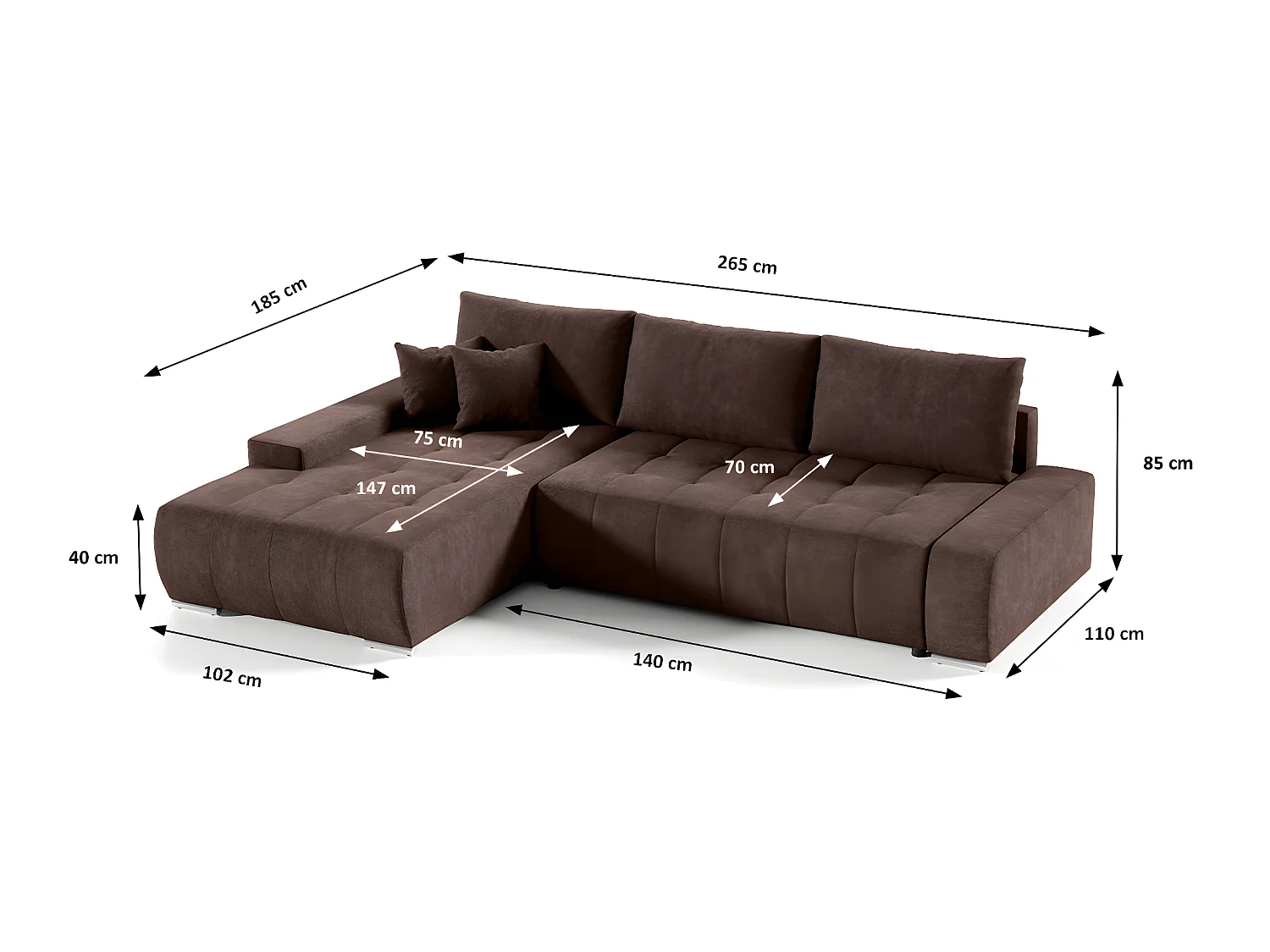 Canapé d'angle convertible gauche 4 places avec coffre Jonas Marron