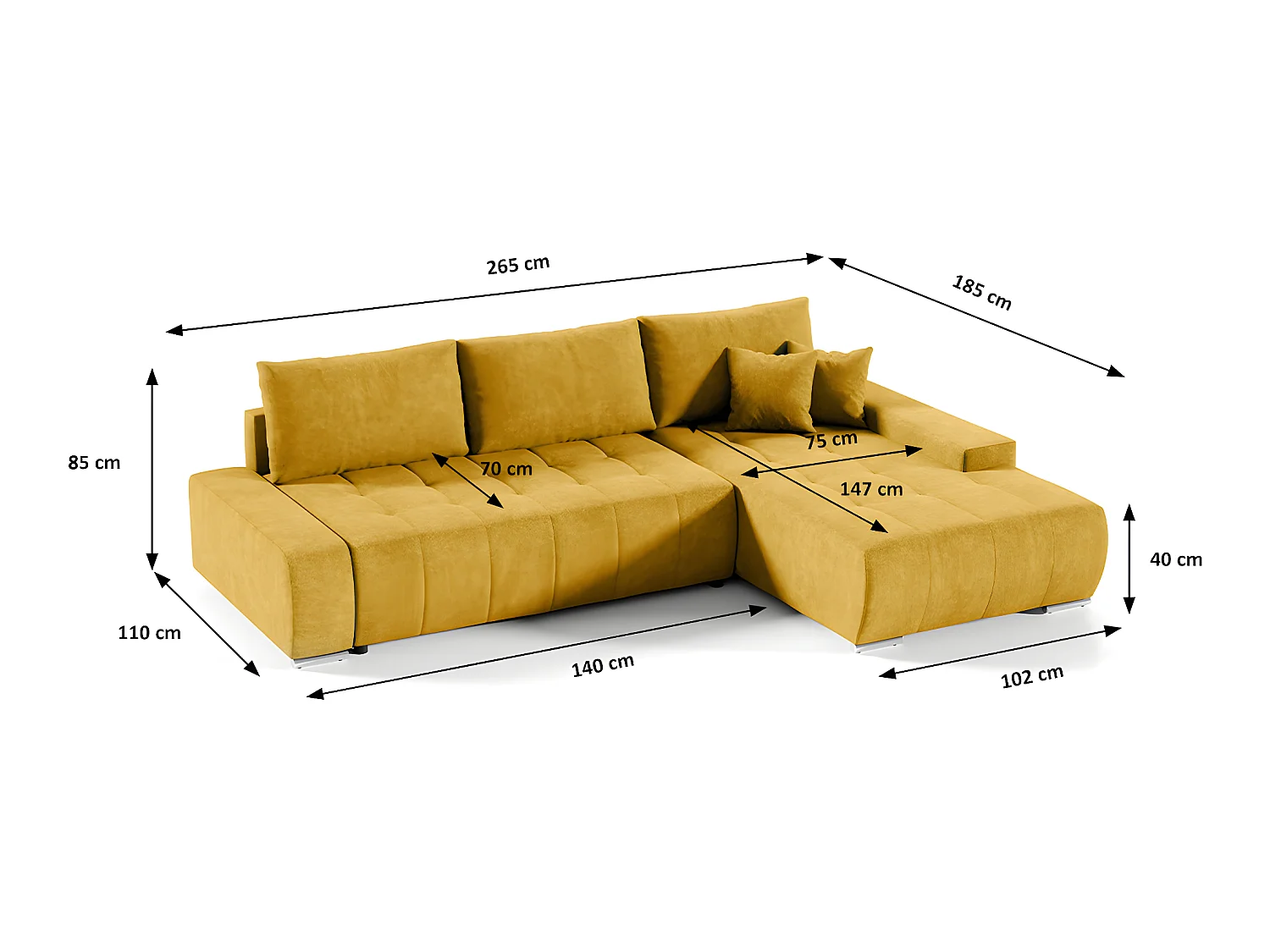 Canapé d'angle convertible droit 4 places avec coffre Jonas Jaune