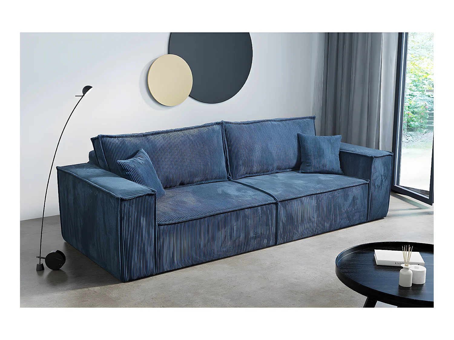 Canapé convertible 4 places avec coffre Isaac velours côtelé Bleu