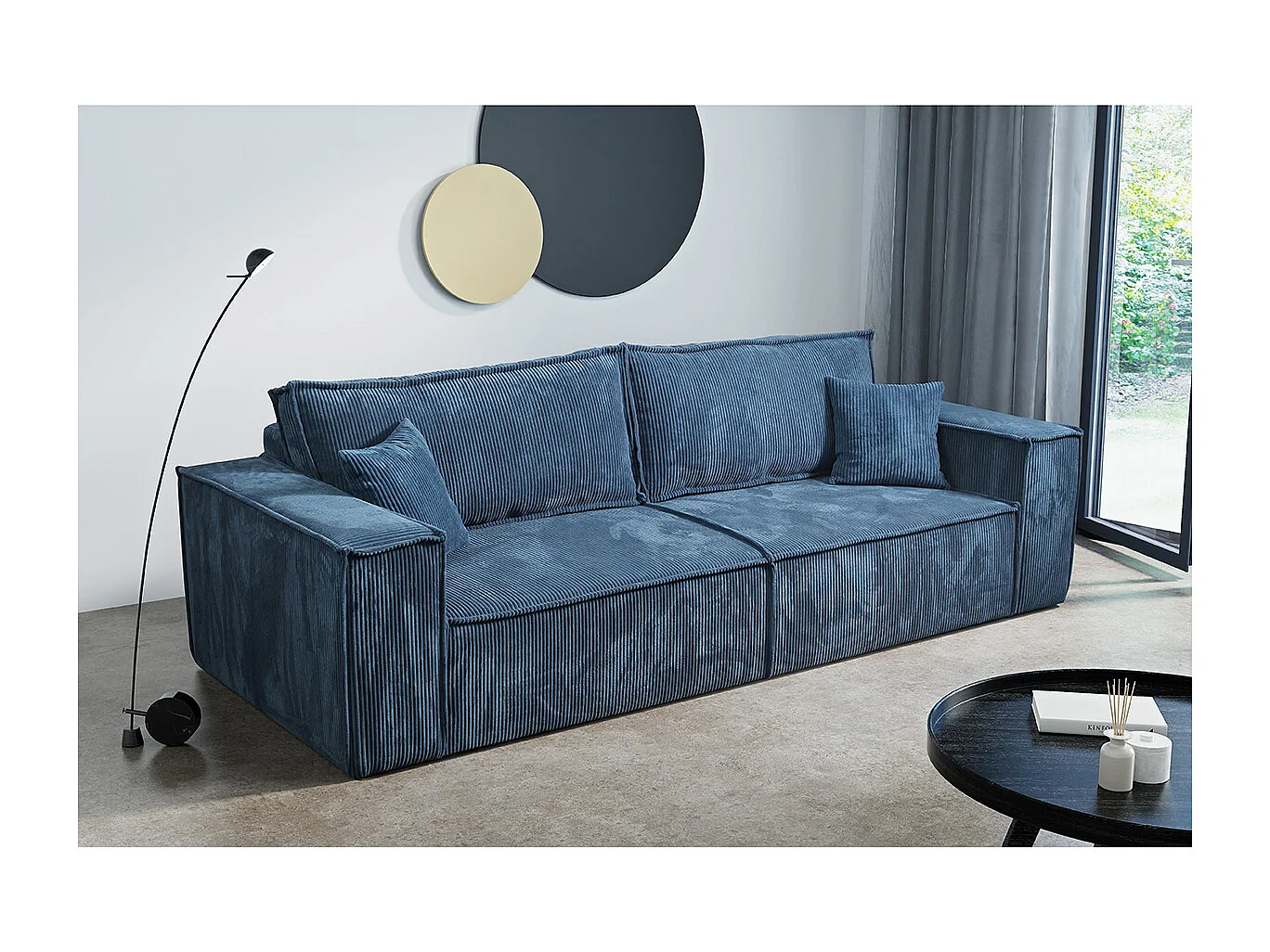 Canapé convertible 4 places avec coffre Isaac velours côtelé Bleu