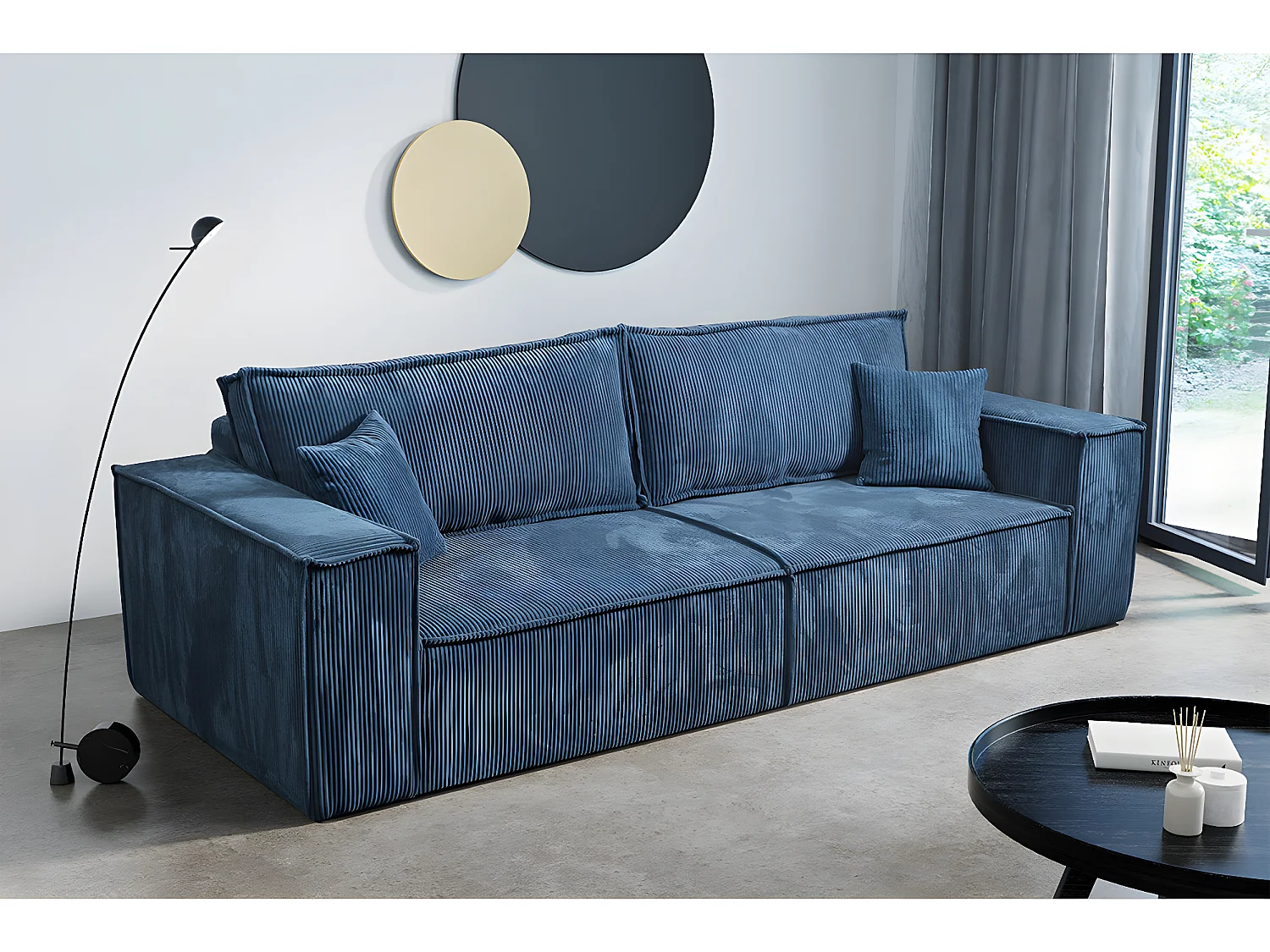 Canapé convertible 4 places avec coffre Isaac velours côtelé Bleu