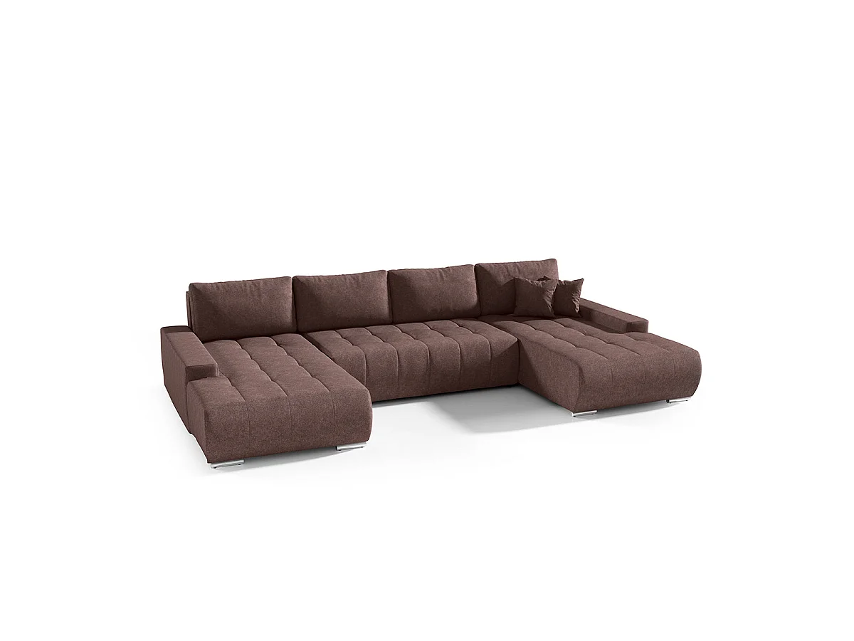Canapé d'angle convertible 5 places avec coffre en tissu marron