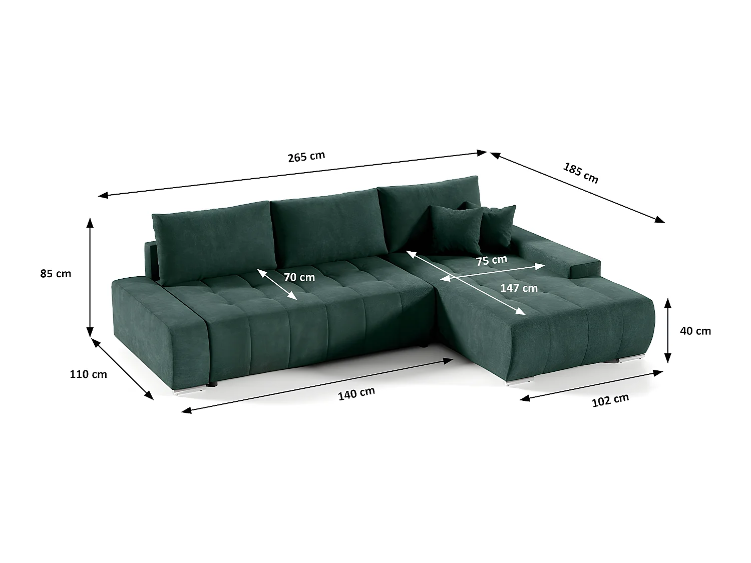 Canapé d'angle convertible droit 4 places avec coffre Jonas Vert