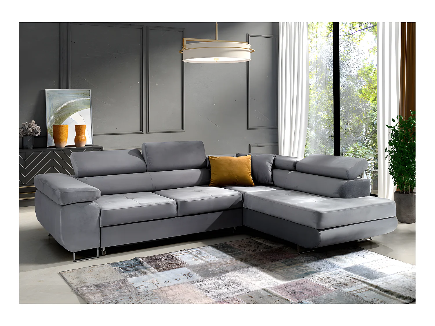 Canapé d'angle convertible droit 4 places Wilson velours Gris