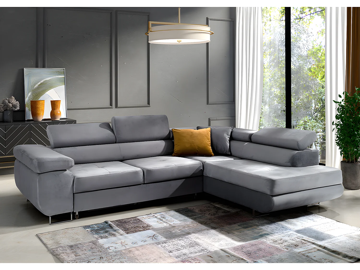 Canapé d'angle convertible droit 4 places Wilson velours Gris