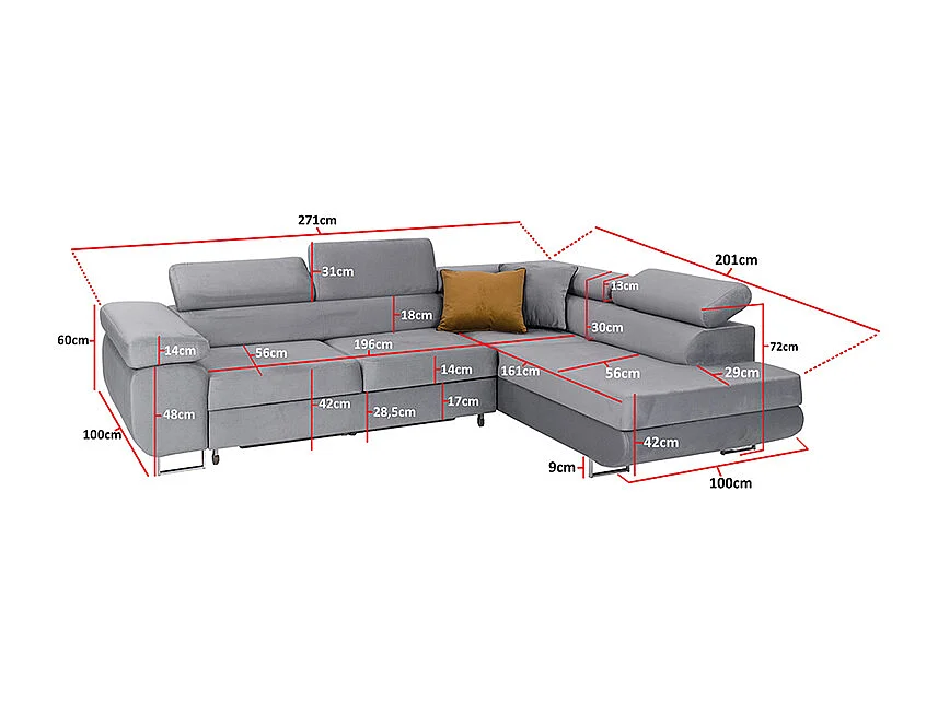 Canapé d'angle convertible droit 4 places Wilson velours Gris