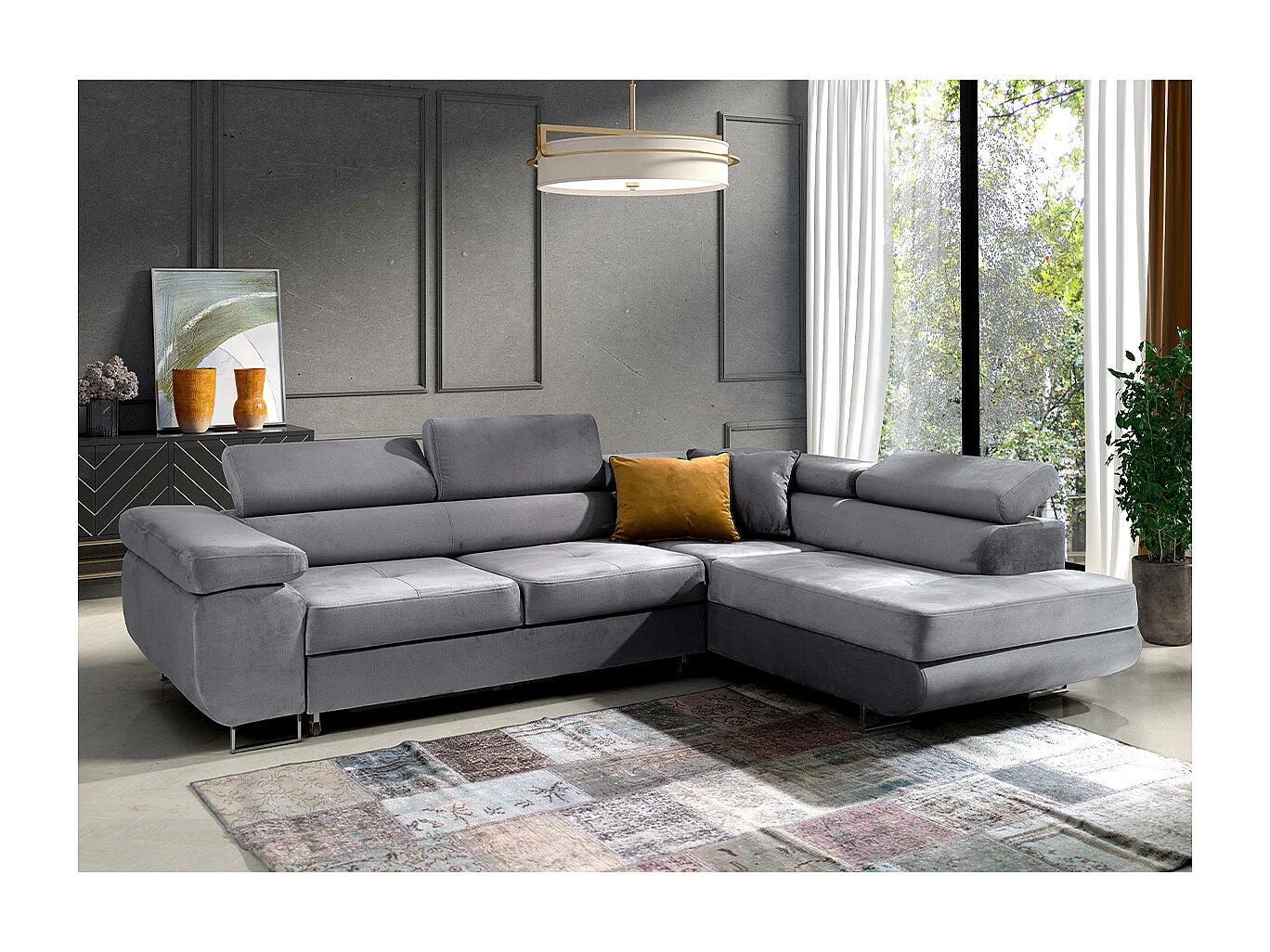 Canapé d'angle convertible droit 4 places Wilson velours Gris