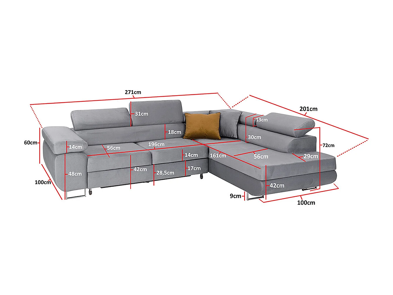 Canapé d'angle convertible droit 4 places Wilson velours Gris