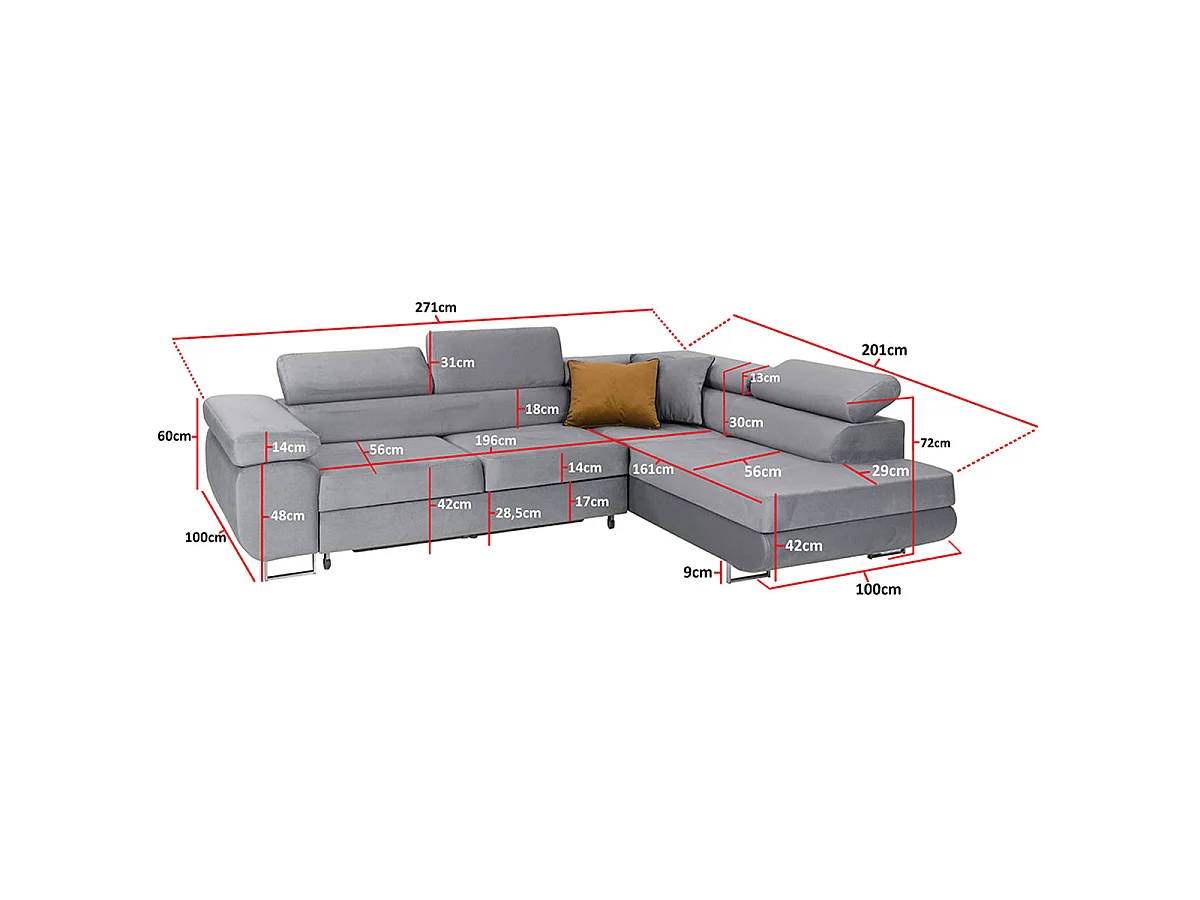 Canapé d'angle convertible 4 places en velours gris WILSON