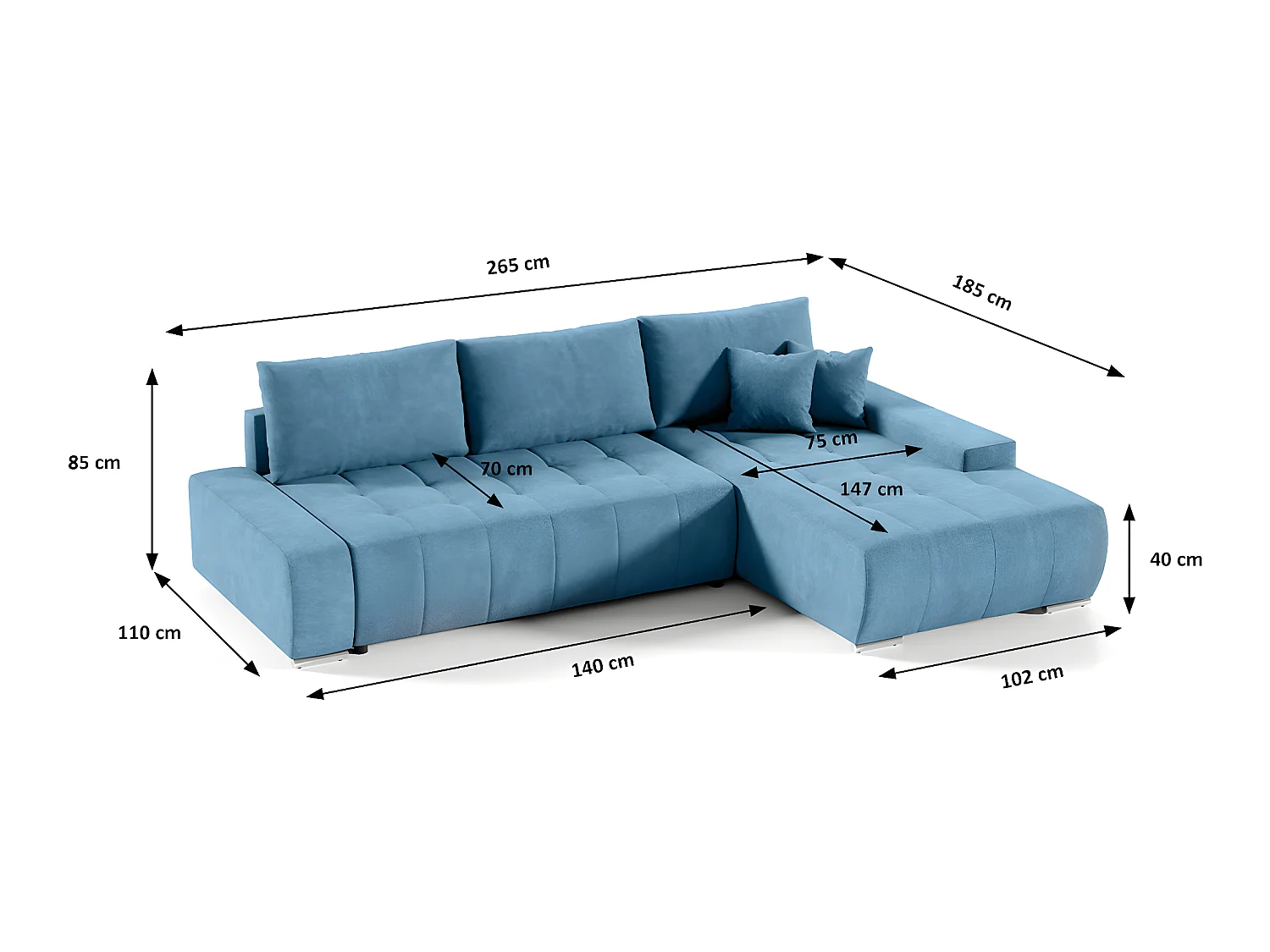 Canapé d'angle convertible droit 4 places avec coffre Jonas Bleu