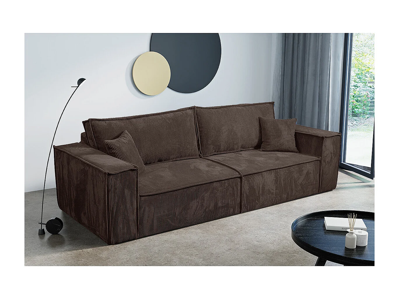 Canapé convertible 4 places avec coffre Isaac velours côtelé Marron