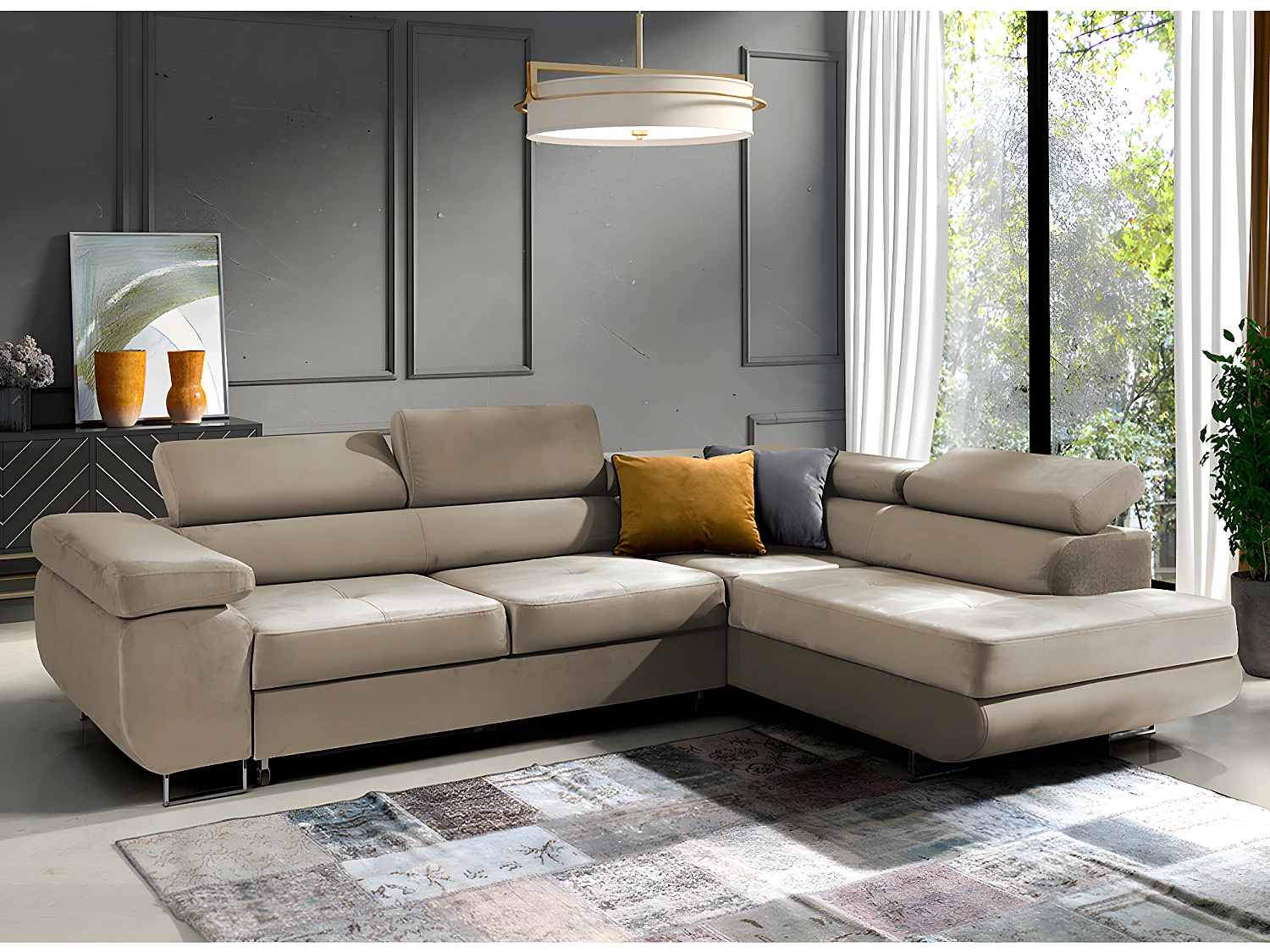 Canapé d'angle convertible 4 places en velours beige WILSON