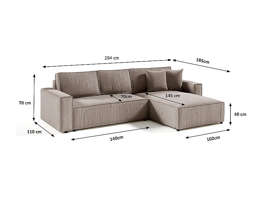 Canapé d'angle réversible et convertible 4 places avec coffre Isaac velours côtelé Taupe
