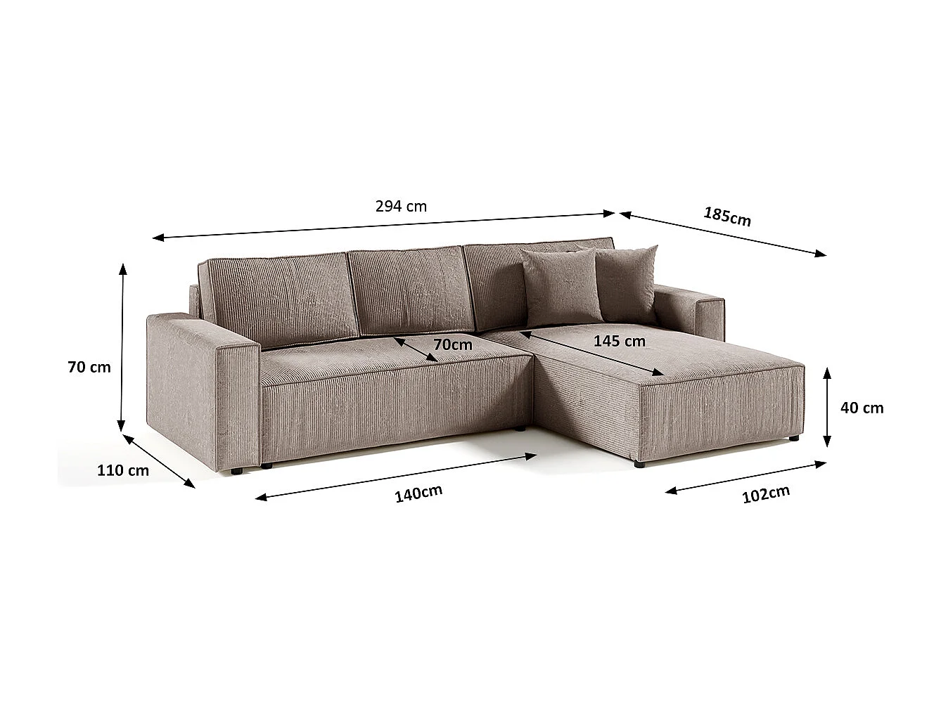 Canapé d'angle réversible et convertible 4 places avec coffre Isaac velours côtelé Taupe