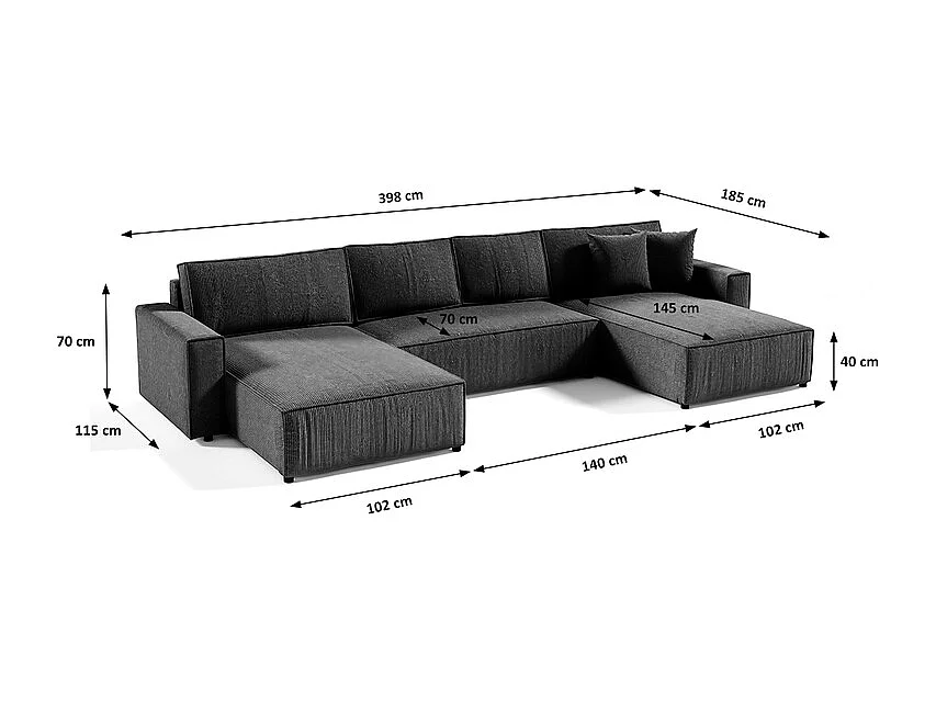 Canapé U 5 places convertible coffre Isaac velours côtelé Gris Foncé