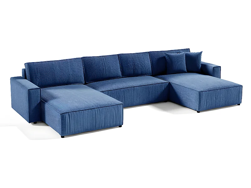 Canapé U 5 places convertible coffre Isaac velours côtelé Bleu