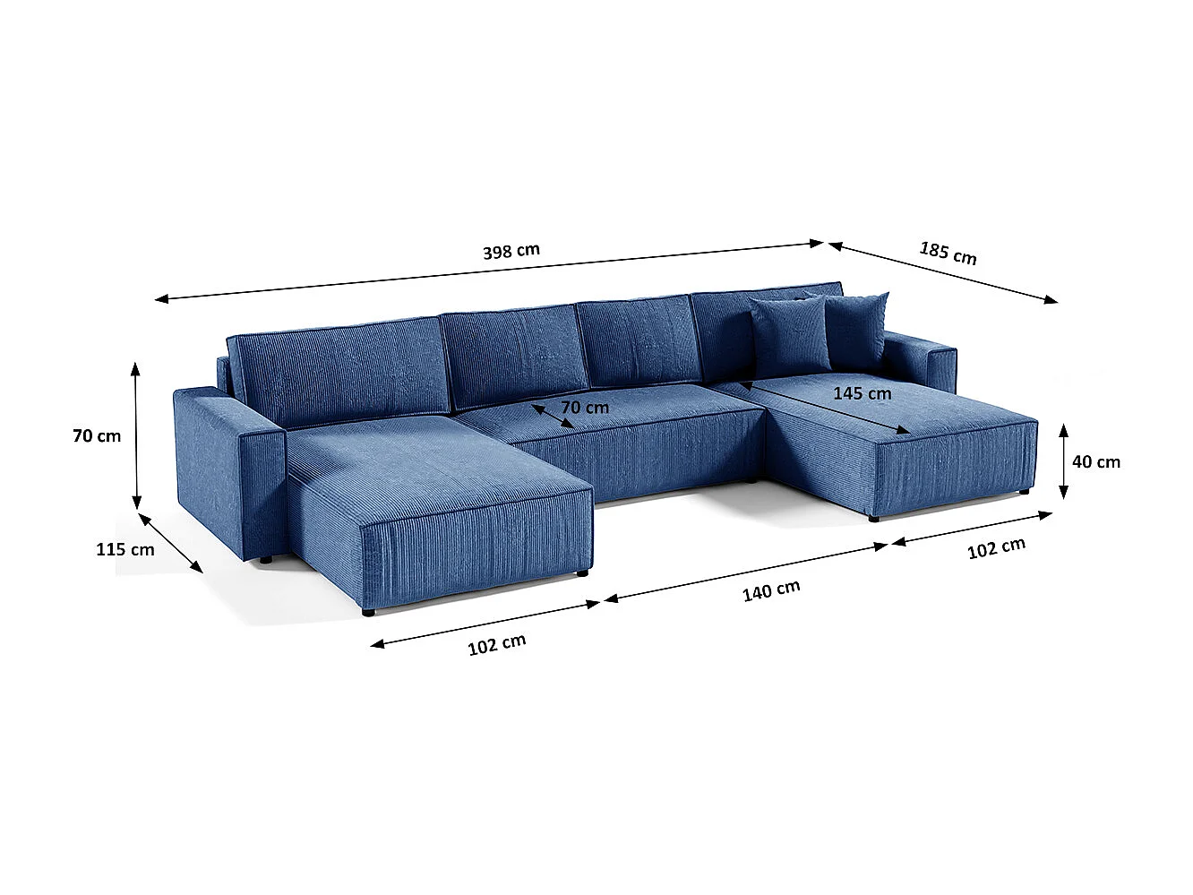 Canapé U 5 places convertible coffre Isaac velours côtelé Bleu