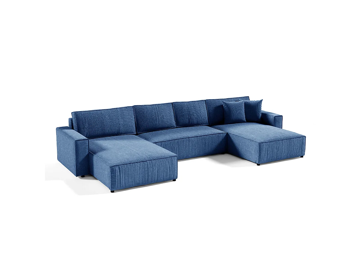 Canapé d'angle convertible 5 places avec coffre en velours bleu