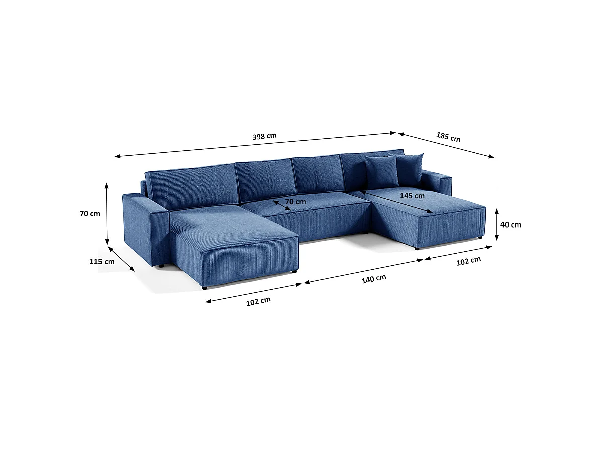 Canapé d'angle convertible 5 places avec coffre en velours bleu