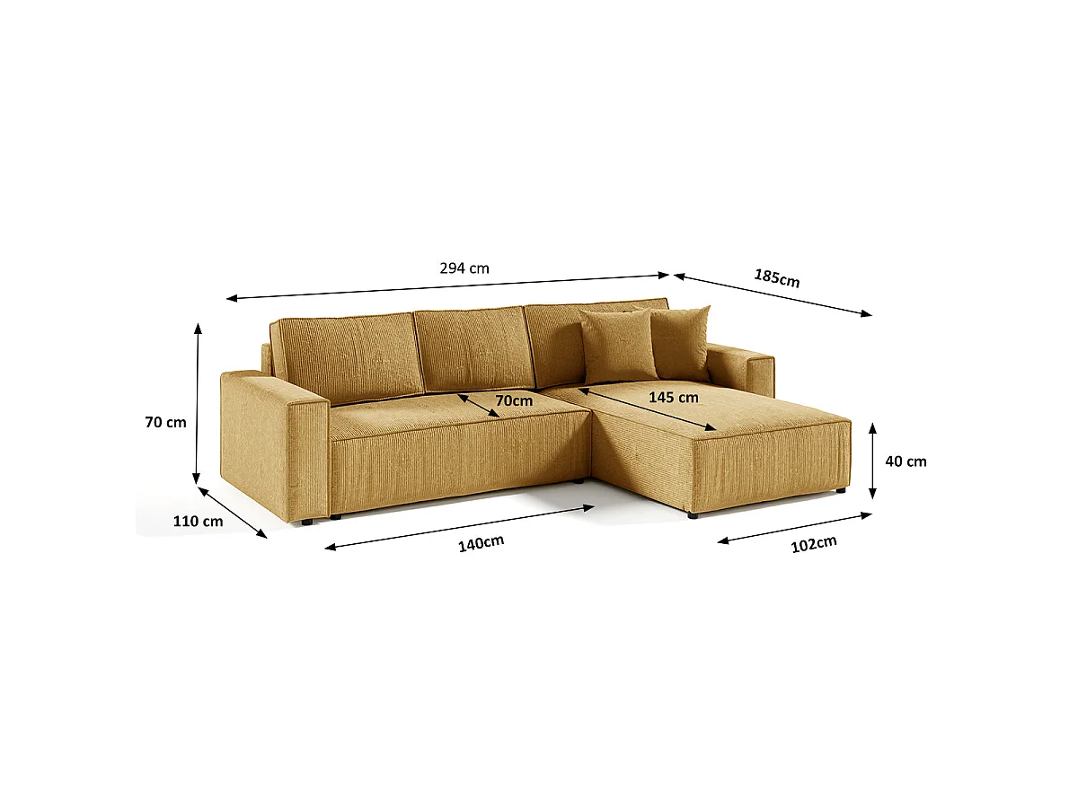 Canapé d'angle convertible 4 places avec coffre en velours jaune