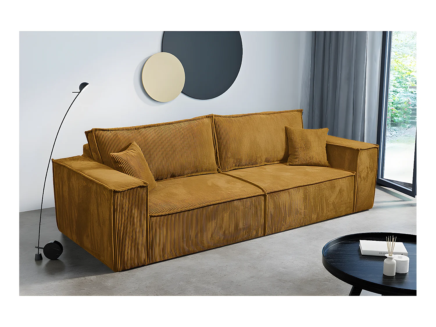 Canapé convertible 4 places avec coffre Isaac velours côtelé Jaune