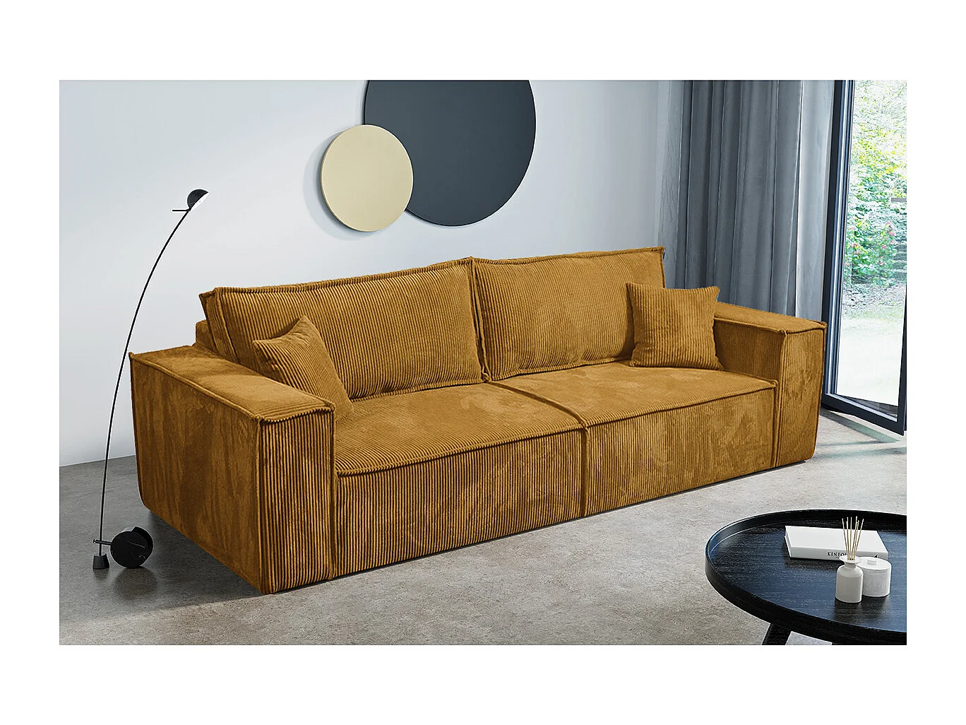 Canapé convertible 4 places avec coffre Isaac velours côtelé Jaune