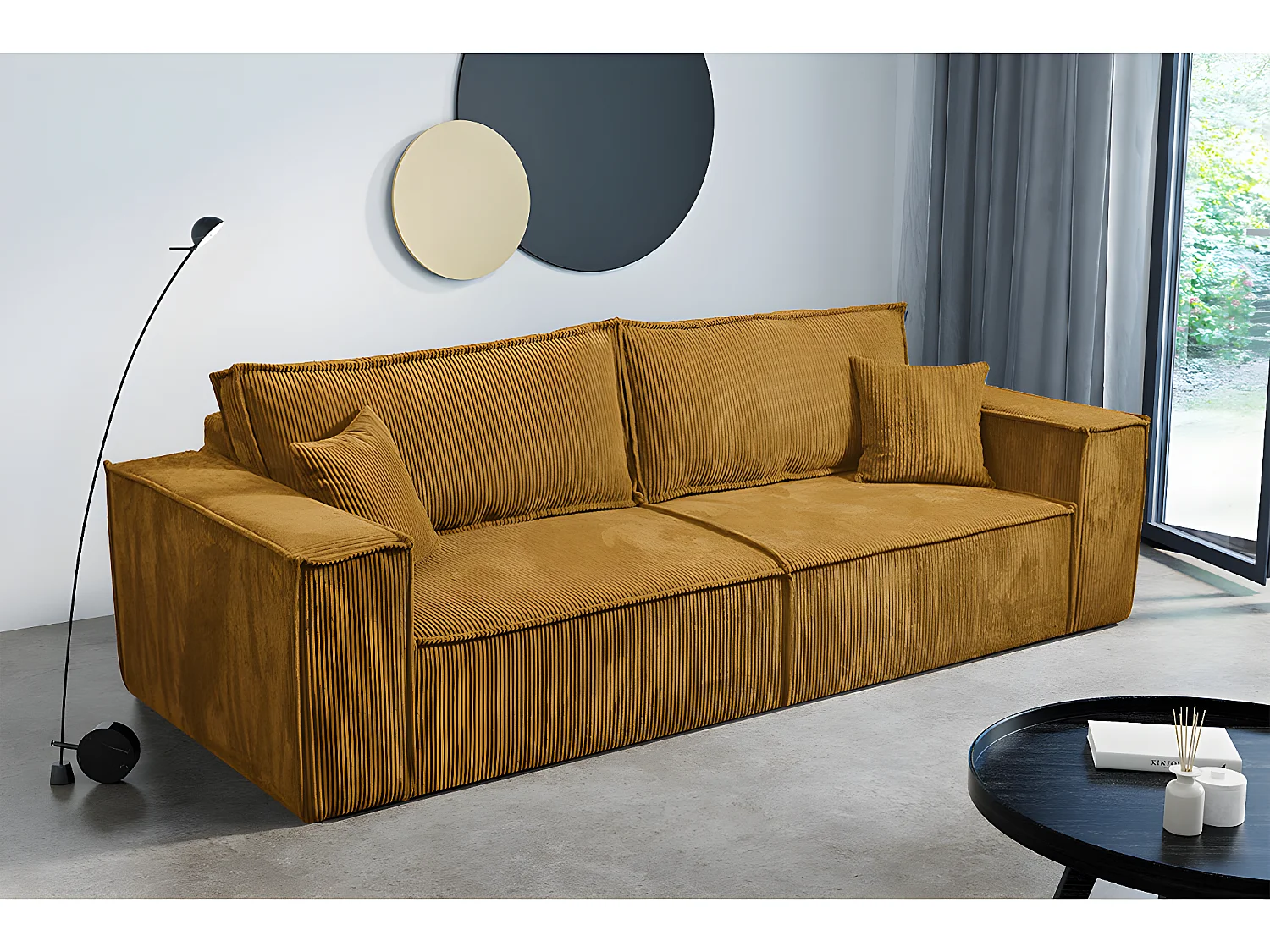 Canapé convertible 4 places avec coffre Isaac velours côtelé Jaune