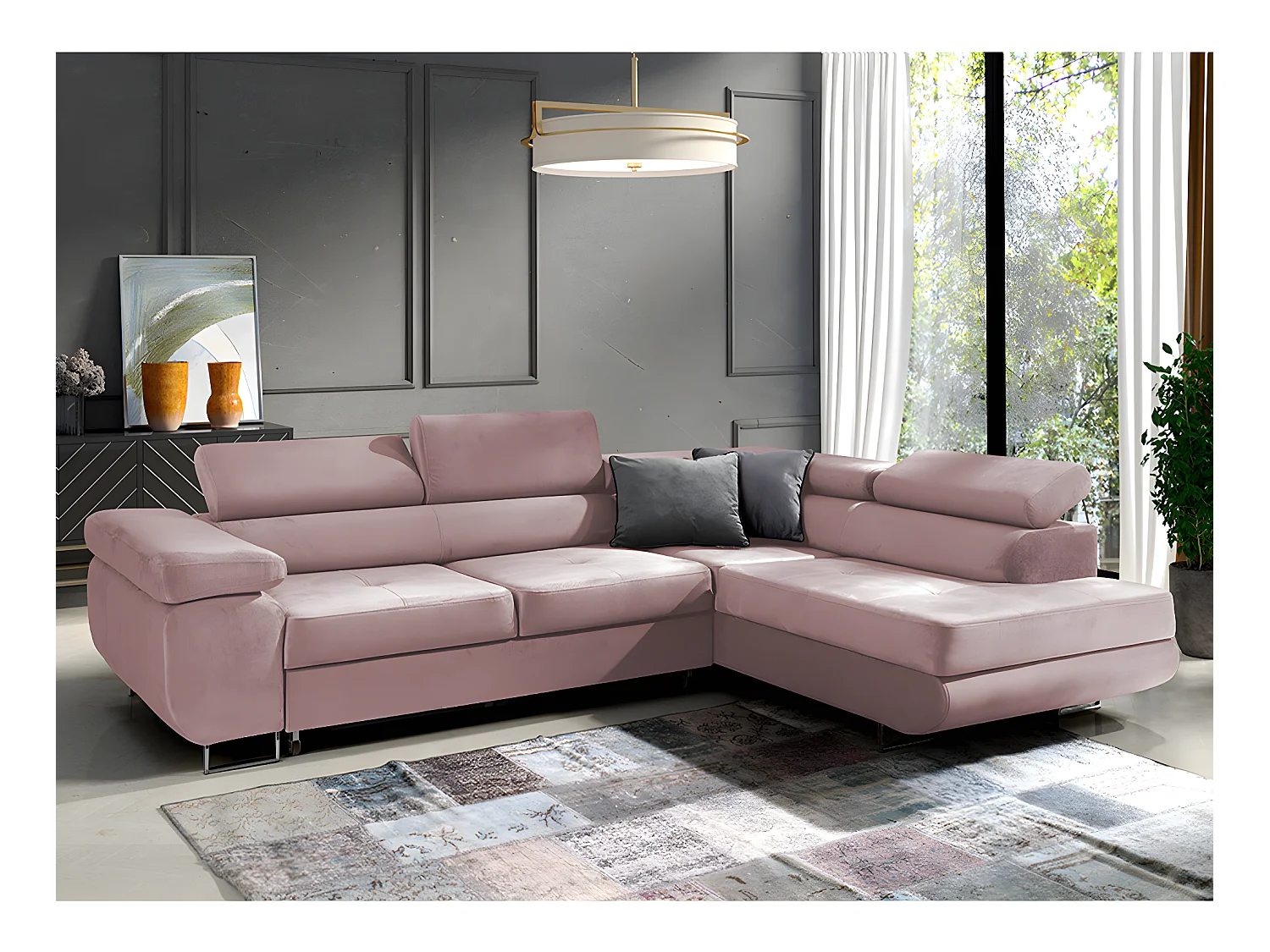 Canapé d'angle convertible droit 4 places Wilson velours Rose