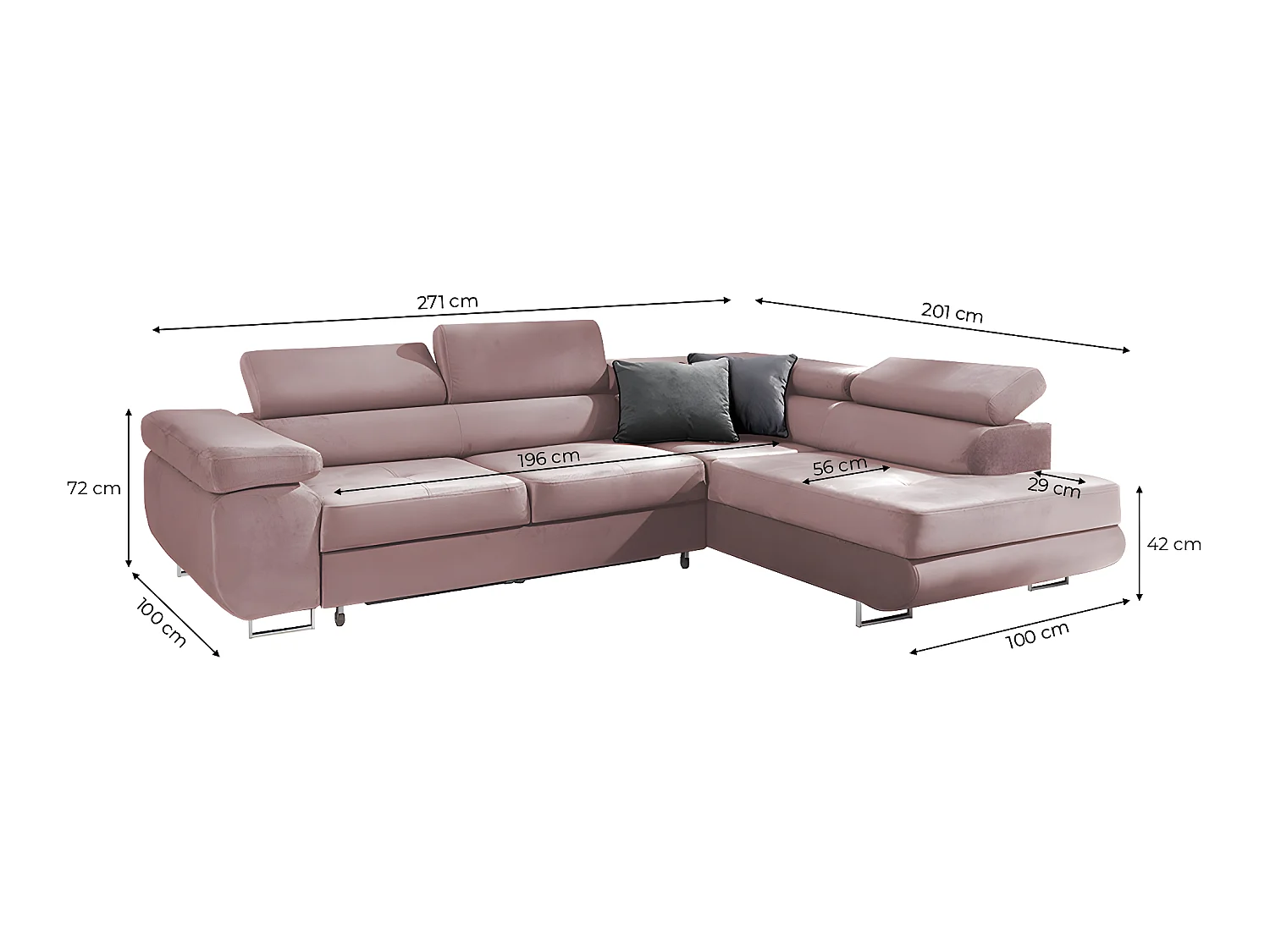 Canapé d'angle convertible droit 4 places Wilson velours Rose